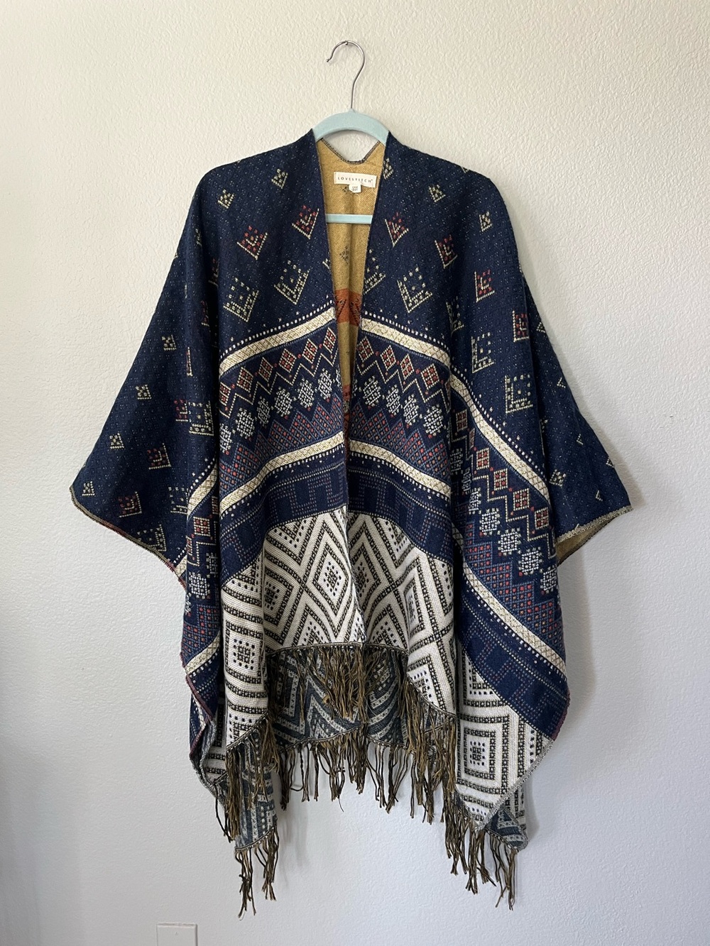 Lovestitch Navy Blue & White Aztec Knit Fringe Poncho Scarf Women's O/S